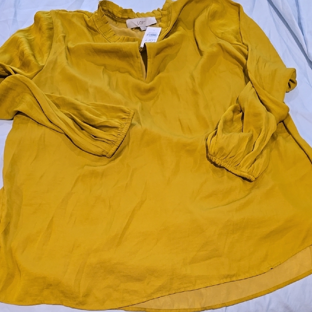 LOFT Gold Relaxed Blouse with 3/4 Sleeves and Mandarin Collar